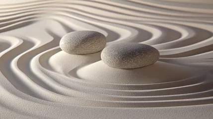Selbstklebende Fototapeten Minimal zen garden composition with smooth stones and flowing sand pattern, ideal for spa branding, meditation visuals, wellness blogs, balance concepts, or calm lifestyle backdrops   © MashMash