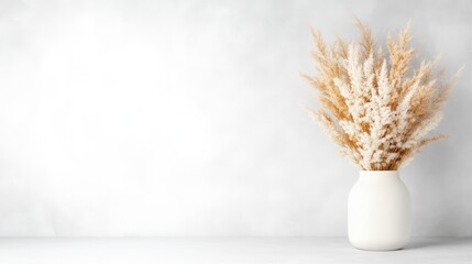 A white ceramic vase with dried pampas grass arrangement on minimalist white shelf, soft neutral tones, and modern interior decor concept.
