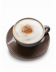 Fototapeta premium Creamy cappuccino with cinnamon on brown saucer
