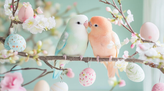 Two colorful lovebirds perched on a blossoming branch with easter eggs. concept of springtime romance, nature beauty, celebration, parrots