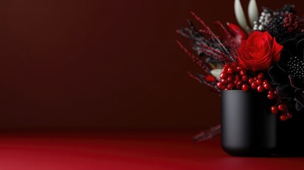 Fototapeta premium Elegant floral arrangement with a red rose and berries in a black vase on a dark red background with copy space.
