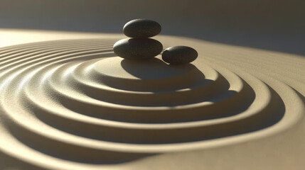 Minimal zen garden composition with smooth stones and flowing sand pattern, ideal for spa branding, meditation visuals, wellness blogs, balance concepts, or calm lifestyle backdrops

