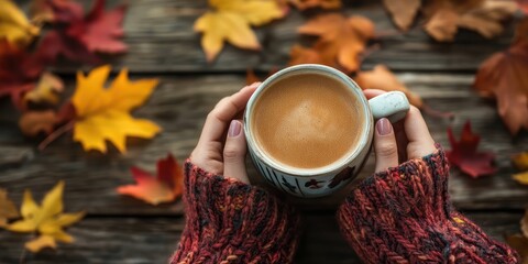 A person holding a coffee cup with a leaf on the table