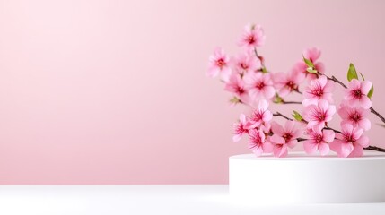 Pink cherry blossoms adorn a white cylindrical pedestal against a pale pink background. The image is clean and simple, with soft lighting. It has a delicate, feminine aesthetic. The color palette is