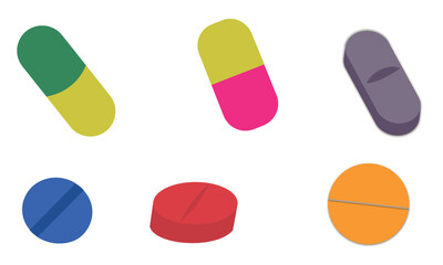 Different pill, capsule and tablet icon set. Professionally drawn illustration of pill icon. Medicines, pills, capsules in green, yellow, pink, blue, red and orange colors on white background.
