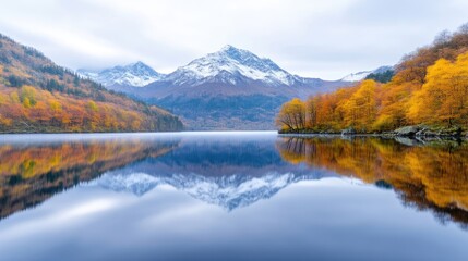 A serene lake reflects snow-capped mountains and autumnal trees. The composition is symmetrical, with colorful foliage lining the shore. High-resolution image with soft, natural light. The style is