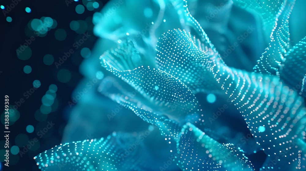 Poster glowing turquoise particles form abstract wave patterns against dark background, creating futuristic