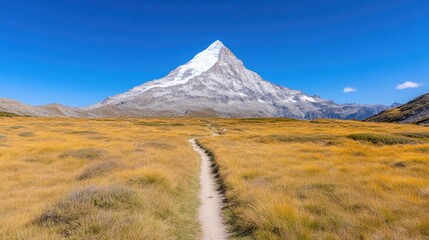 A majestic snow-capped mountain dominates the background. A dirt path leads towards it through a field of golden-brown grass. The image boasts high resolution and sharp detail, lit by bright sunlight.