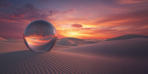 Creative reflection in a glass sphere on a desert landscape during a colorful sunset