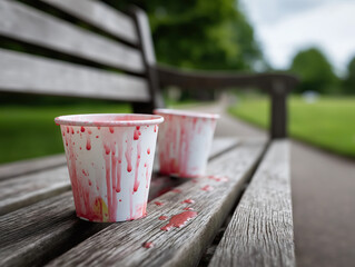 Two discarded cups with red stains left on a park bench during a cloudy day