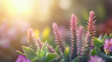 Pink spiked flowers in soft morning light with bokeh effect and blurred natural background create dreamy garden atmosphere for nature photography.