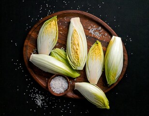 Belgian endive, raw fresh witloof chicory buds, with slightly bitter leaves, over black. Witlof, indivia, endivias or chicon, grown in absence of light to preserve a pale color and a delicate flavor.