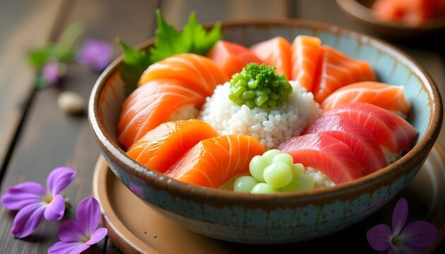 A close-up shot features a ceramic bowl filled with a vibrant assortment of sushi ingredients, set against a rustic wooden surface