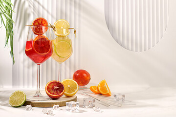 Flyer with glasses of various alcoholic drinks and tropical fruits. Two royal cocktails of blood...