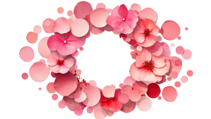 Png of A beautiful floral arrangement featuring pink and coral flowers surrounded by soft pink circles on transparent background.