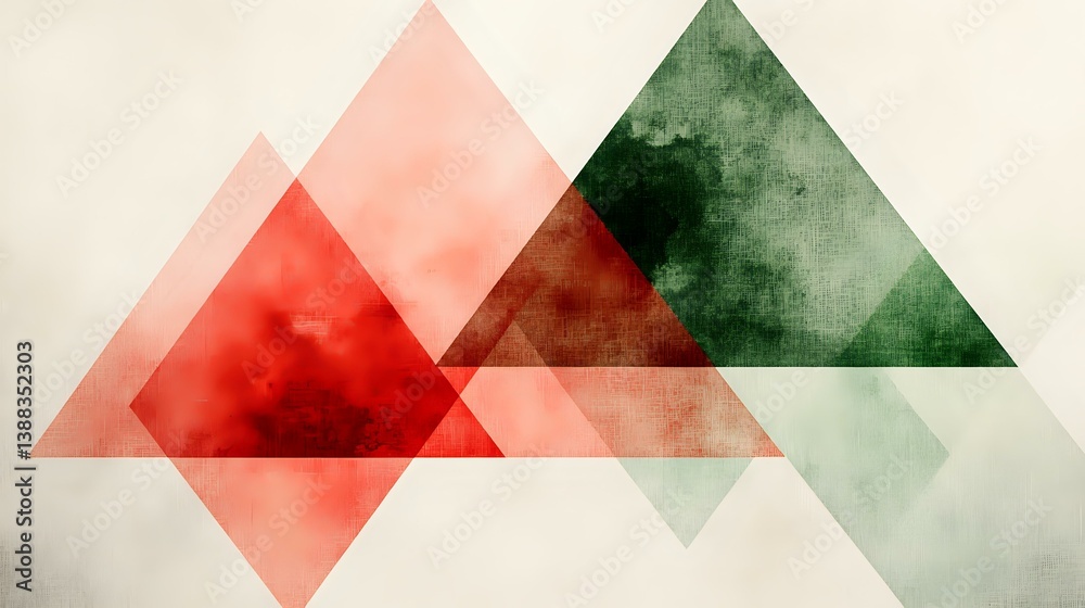 Poster overlapping translucent triangles in red and green tones create abstract geometric composition with 