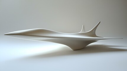 Minimalist white sculpture with flowing aerodynamic lines and sharp angles creates elegant abstract form on neutral background. Modern art piece suggests motion and speed.