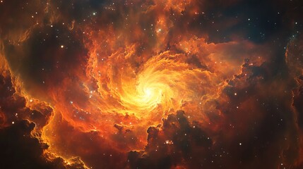 A vibrant nebula with swirling orange and yellow clouds and scattered stars in the dark expanse of space