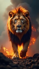 Fiery lion emerging from smoke, epic scale, intense gaze, amber, magical, fantasy