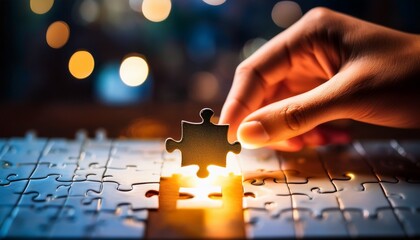 the final piece a hand carefully places the final puzzle piece illuminating the completed image with a soft glow this captivating image embodies the concept of completion problem solving