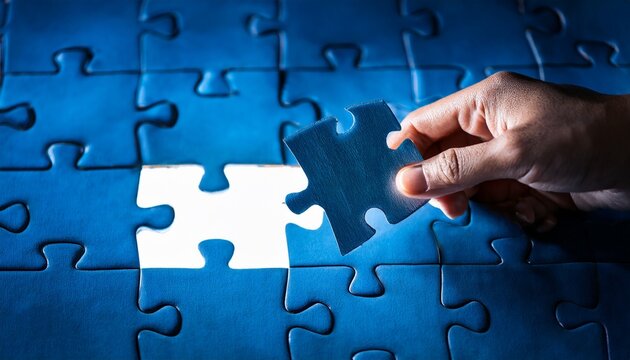 completing blue jigsaw puzzles with the last piece on light leaked hole gap in dark room by hand background business success strategic solutions and problem solving challenge