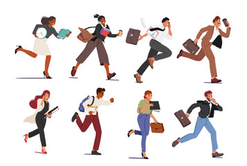 Businesspeople cartoon characters rushing running work or business meeting being late isolated set