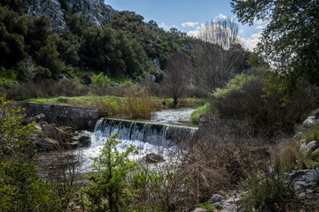 Photo shows a small waterfall in the mountains of Attica-Greece. Idyllic place with lot of trees...