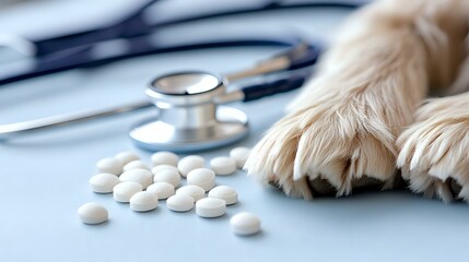 Dog paw next to scattered white medical pills and stethoscope on blue background, veterinary medicine and pet healthcare concept.