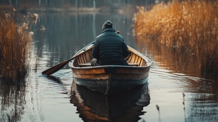Obraz premium Rowing Boat on Calm Lake Water with Reed Plants Reflecting