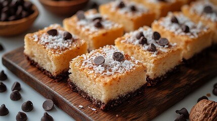 Delicious coconut and chocolate squares on wooden board.