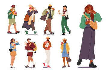 People cartoon characters eating fast food on the go having unhealthy snack isolated set on white
