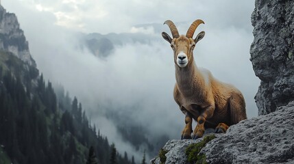 Obraz premium Mountain goats caramel colored horns focus perched on jagged gray cliff alpine mist backdrop