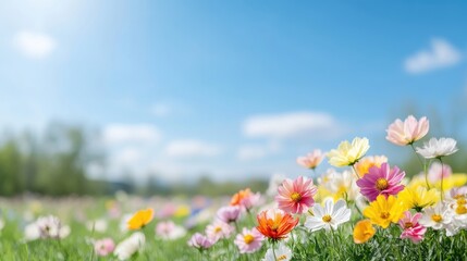 Fototapeta premium Vibrant cosmos flowers bloom in a field under a bright blue sky. The image features a shallow depth of field, focusing on the foreground blooms. High-resolution quality shows detail in the petals.