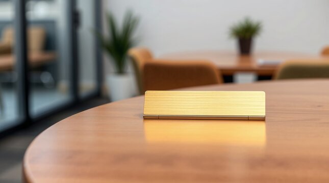 Mockup of a modern workspace with a stylish nameplate on a table  