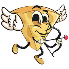 cute cheese cartoon isolated vektor illustration mascot character being cupid with angel wings and the arrow of love, work of hand drawn