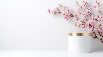 Naklejka premium A white candle with gold rim placed on a minimalist shelf, delicate pink cherry blossoms in the background, and serene and elegant composition.
