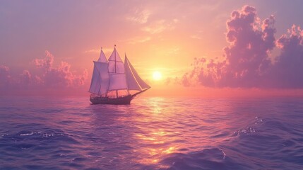 Fototapeta premium Vibrant Sunset Painting with a Sailboat on the Horizon, Capturing the Dynamic Play of Light and Color Across the Sky and Sea