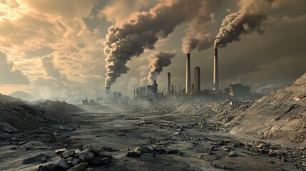 Industrial Pollution Scene Showing Smoke Emitting From Factories and Barren Landscape