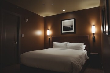 A cozy hotel room with soft lighting and welcoming ambiance