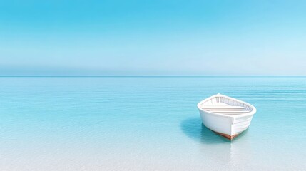 Fototapeta premium A small, white rowboat sits serenely in calm, turquoise water. The scene is minimalist, with a clear blue sky. High-resolution, the image boasts vibrant colors and a peaceful mood. The style is ser