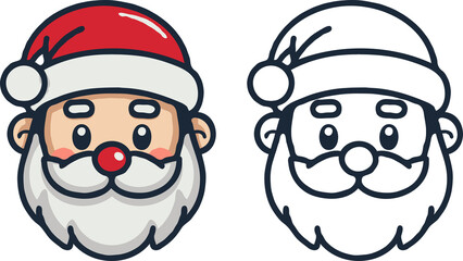 Cute Santa Claus face in full color and outline versions a transparent background.