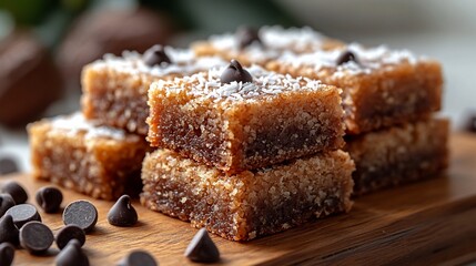 Delicious coconut bars topped with chocolate chips and shredded coconut, stacked on a wooden board.
