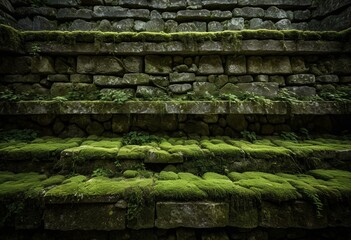 A stone wall covered in green moss and plants.