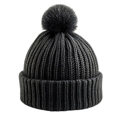 Grey Woolen Hat with Pom Pom Isolated on Transparent Background