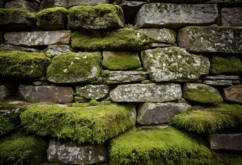 A stone wall covered in green moss.