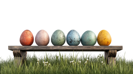 Five painted easter eggs celebrating a Happy Easter with a rustic wooden bench & green meadow grass to place products in front of with a transparent background 