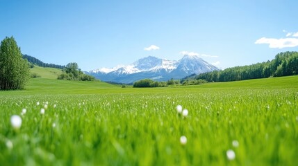 Fototapeta premium Lush green meadow with tiny white wildflowers under a clear blue sky with snow-capped mountains in the distance.