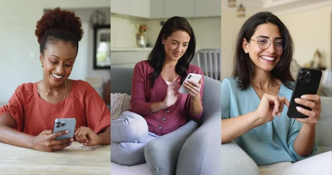 Three young attractive multinational women engaged with their smartphones on carefree pastime at home, collage view. Integration of mobile wireless technologies into daily life, innovations, diversity