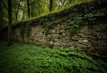 Fototapeta premium A stone wall in the middle of a lush green forest.