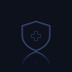 Fototapeta premium Vector icon of a transparent shield with a cross symbol in the center, representing protection against viruses and health threats. Suitable for healthcare, insurance, business.